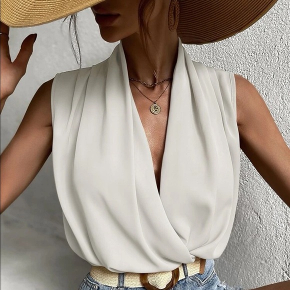 Tops - Elegant Classic Wrap Front Sleeveless Work Office Business Top Blouse WHITE